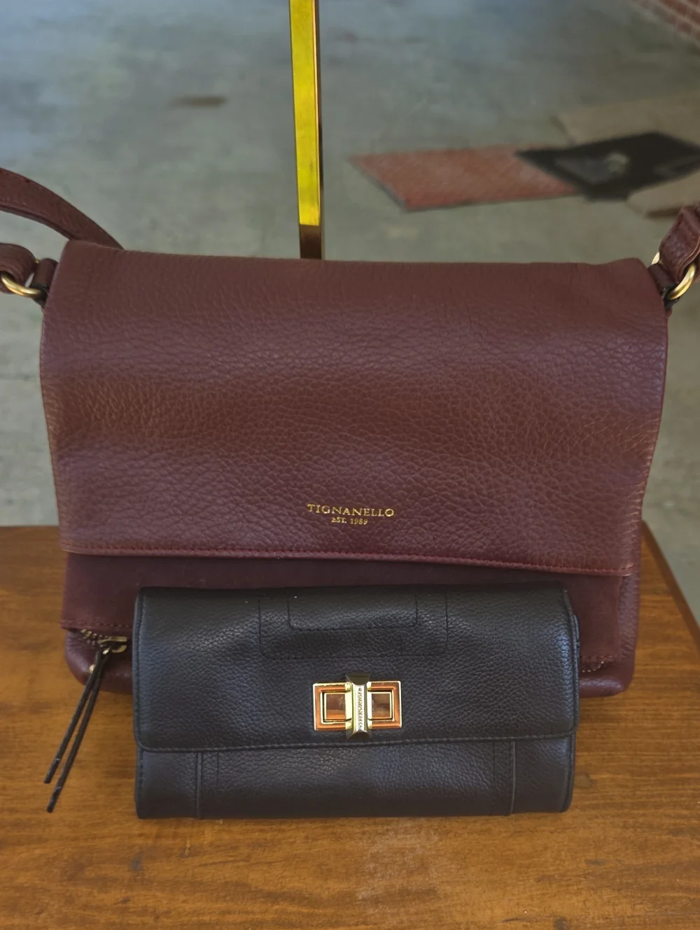 NWOT Tignanello Burgundy Leather Shoulder Bag w/ GUC Black Wallet $400 Retail
